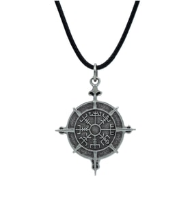 Viking Vegvisir Pusula  Deri ip Kolye - Gümüş Kaplama - Kadın Erkek Kolye - No:937