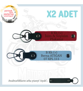 Biker Stiline Özel, İsim Plaka ve B+ Kan Grubu Yazılı Anlamlı Motor x2 Anahtarlık, Kırmızı-Mavi-Syh