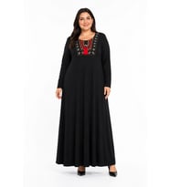 Kadın Büyük Beden Siyah Kilim Desen Yakalı Viskon Penye Şık Elbise