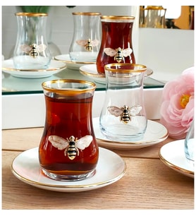 REGNA HOME Queen Bee 12 Parça Çay Takımı  6 Kişilik Cam - Porselen Çay Seti  Arı Desenli Şık Sunum Takımı