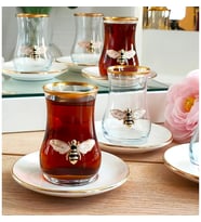REGNA HOME Queen Bee 12 Parça Çay Takımı  6 Kişilik Cam - Porselen Çay Seti  Arı Desenli Şık Sunum Takımı