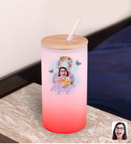 BK Gift Kadınlar Gününe Özel Karikatürlü Kırmızı Renk Pipetli Buzlu Cam Bardak 600ml - 3, 8 Mart Kadınlar Günü