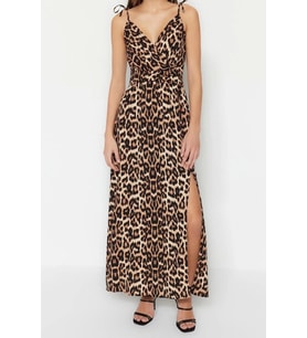Moda Regular Gündüz Gece Shally Dokuma Kruvaze Askılı Kol A-Line Maxi Boy Elbise (Camel)