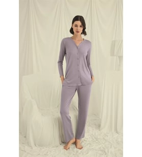 pilelistore Uzun Kollu Düğmeli V Yaka Pijama Takımı (Gri)
