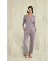 pilelistore Uzun Kollu Düğmeli V Yaka Pijama Takımı (Gri)