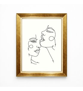 Tablore Line Art Tek Çizgi İki Kadın Yüzü Gold Çerçeveli Tablo Minimalist Modern Yatak Odası Salon Tablosu