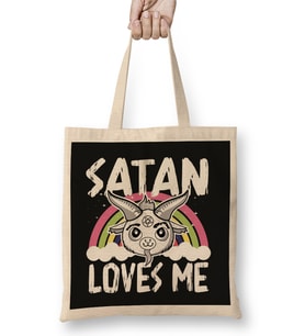 Satan Loves Me Baphomet Bez Çanta Uzun Saplı