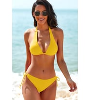 Kadın Sarı Belden, Boyundan Bağlamalı ve Ayarlanabilir Külotlu Üçgen Bikini Mayo Takımı