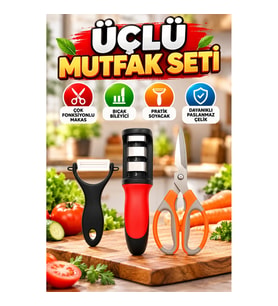 3 Parçalı Çok Fonksiyonlu Mutfak Makas Seti – Sebze, Et ve Kapak Açıcı Makas, Bileyici ve Soyacak