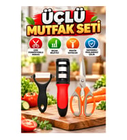 3 Parçalı Çok Fonksiyonlu Mutfak Makas Seti – Sebze, Et ve Kapak Açıcı Makas, Bileyici ve Soyacak
