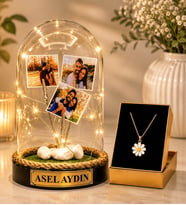 Kişiye Özel 3 Fotoğraflı LED Işıklı Fanus ve Altın Kaplama Tasarım Kadın Kolye Hediye Seti (HA1)