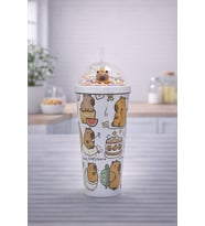 550 ml Capybara Figürlü Pipetli Çocuk Termos Bardak Boncuklu Kubbe Kapaklı Sevimli Matara (Parlak Beyaz)