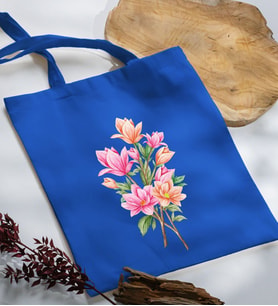 BK Gift Çiçek Tasarımlı Mavi Kumaş Bez Çanta, Baskılı Omuz Çantası, Alışveriş Çantası, Arkadaşa Hediye-4