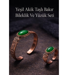 Kadın Bakır Bileklik ve Yüzük Takım Seti Yeşil Akik Taşlı Set El İşçiliği Özel Tasarım