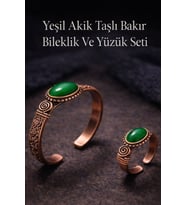 Kadın Bakır Bileklik ve Yüzük Takım Seti Yeşil Akik Taşlı Set El İşçiliği Özel Tasarım