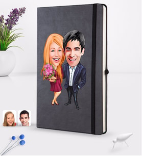 BK Gift Kişiye Özel Sevgililer Karikatürlü Siyah Termo Deri Defter 16x24cm Model 94