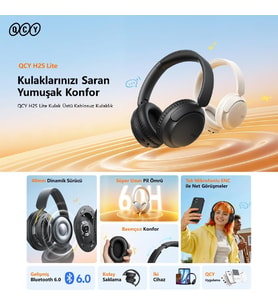 H2s Lite 6.0 Bluetooth Kulaklık ENC Net Çağrı - Çift Cihaz 40 mm Dinamik Sürücü - 60 Saat Dinle (Beyaz)