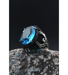 Anka Kuşu Figürlü ( AQUA MARİN ) Akua Marine Taşlı 925 Ayar Gümüş Erkek Yüzüğü 901367
