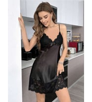 Mulvxbrf Brf02 Dantel İşlemeli İnce Askılı Saten Siyah Gecelik (Mulvix)