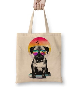 Summer Pug Gözlüklü Pug Köpek Bez Çanta Uzun Saplı