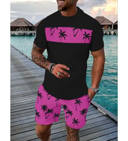 AMOR MAN ÖZEL TASARIM PALMİYELER BASKILI YENİ TREND BEACH-SUMMER ERKEK T-SHIRT ŞORT TAKIMI (Siyah)