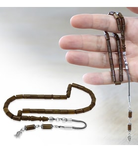 Sıkma Kehribar Tesbih - 925 Ayar Gümüş Püsküllü - Mini Boy - Kahverengi Beyaz - Kesme Kesim