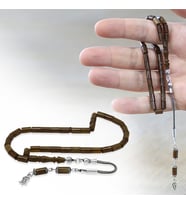 Sıkma Kehribar Tesbih - 925 Ayar Gümüş Püsküllü - Mini Boy - Kahverengi Beyaz - Kesme Kesim