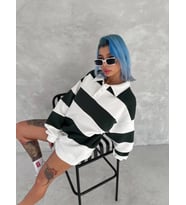 Unisex Üç İplik Parçalı Yakalı SweatShirt - Yeşil
