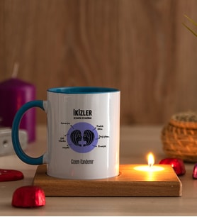 Kişiye Özel İkizler Burcuna Hediye Ahşap Altlıklı Mumlu Mavi Kupa