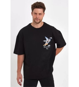 Erkek Melek Baskılı Oversize T-shirt - Siyah