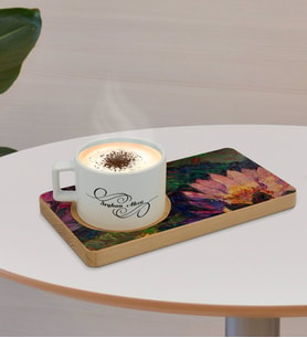 BK Gift Kişiye Özel Modern Art Tasarımlı Doğal Ahşap Tabaklı Seramik Fincan Sunum Seti  Model 21