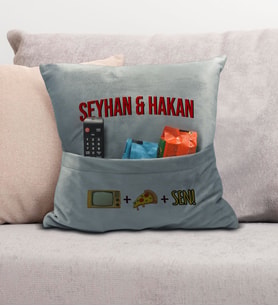 BK Gift Kişiye Özel Tasarımlı Organizer Kumanda ve Atıştırmalık Cepli Gri Kırlent Yastık- 2, Ev Dekoru, Ev Hediyesi