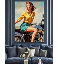 Motosikletli Havalı Pin-Up Kadın Tablosu Dekoratif Kanvas - Mdf Ahşap Tablo
