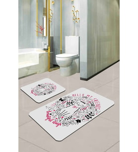 Fuşya Kedili Desen Banyo Halısı Klozet Paspas Seti BS255