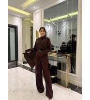 Kadın Uzun Kollu şal Detaylı Bluz Ve Pantolon Ikili Takım (KAHVE)