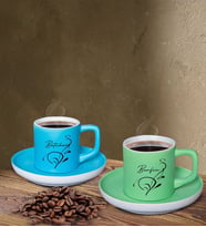 BK Gift Kişiye Özel İsimli Mavi ve Yeşil Renk İkili Türk Kahvesi Fincan Seti-122, Ev Hediyesi, Arkadaşa Hediye, Doğum Günü Hediyesi