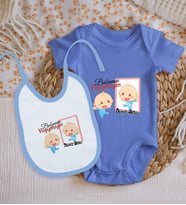 BK Kids Kişiye Özel Babamın Kopyasıyım Tasarımlı Mavi %100 Pamuklu Kısa Kol Bebek Body Zıbın ve Mama Önlüğü Hediye Seti