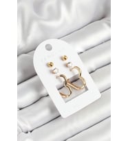 Pirinç Zirkon Taş Ve Kalp Figürlü Gold Renk 3'lü Çift Kadın Küpe Set 58 - GLST1269-224
