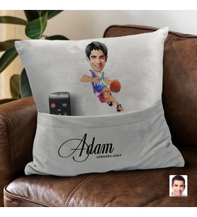 BK Gift Kişiye Özel Basketbolcu Karikatür Tasarımlı Organizer Kumanda ve Atıştırmalık Cepli Gri Kırlent Yastık- 2 Arkadaşa Hediye, Cepli Yastık