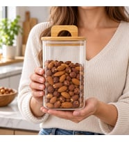 Bambu Kapaklı Kare Borosilikat Cam Kavanoz 1100 ml, 10 × 15 cm, Contalı Tutma Kulplu Şeffaf Erzak Kabı, Kahve Bakliyat Kuruyemiş ve Kuru Gıda Saklama Kavanozu