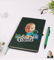 BK Gift Kişiye Özel Bebek Karikatürlü Yeşil Termo Deri Defter Kalem Seti Model 5