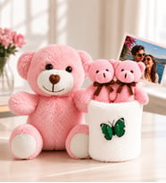 Kişiye Özel Fotoğraflı 2'li Peluş Ayıcık Buketi ve Pembe Ayıcık Hediye Seti
