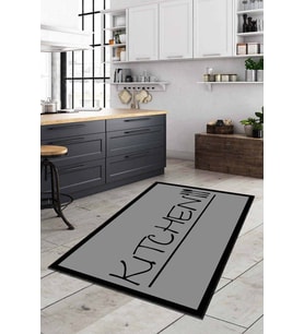 Gri Kaymaz Taban Yıkanan Kitchen Yazılı Mutfak Halısı AR180