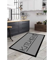 Gri Kaymaz Taban Yıkanan Kitchen Yazılı Mutfak Halısı AR180