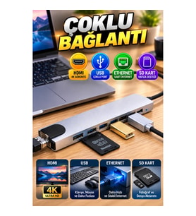 Type-C Çoklu Bağlantı Hub – HDMI, USB, Ethernet ve SD Kart Destekli Adaptör