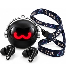 T40 Deep Bass Kablosuz Kulaklık – Kırmızı Işıklı Robot Tasarım, Güçlü Bass, Bluetooth 5.3 TWS, Boyun Askılı Şarj Kutusu, Siyah