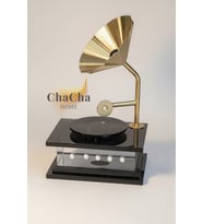 Kristal Cam Nostaljik Gramofon Obje 29X20 cm - Metal Borulu Lüks Ofis Masası Aksesuarı Biblo
