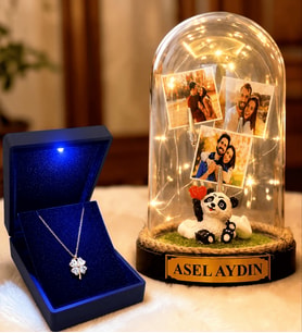 Kişiye Özel 3 Fotoğraflı Yazılı LED Fanus(panda) ve 925 Ayar Gümüş Kalpli Yonca Kolye