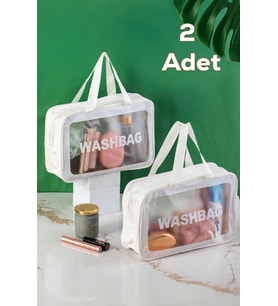 Porsima 3142-1 2li Şeffaf - Beyaz Seyahat ve Makyaj Çantası Su Geçirmez Organizer Washbag 20x30cm