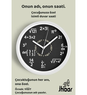 İsme Özel Matematik Dehası Çocuk Odası Duvar Saati Orta Boy 30 cm Beyaz Camlı Sessiz